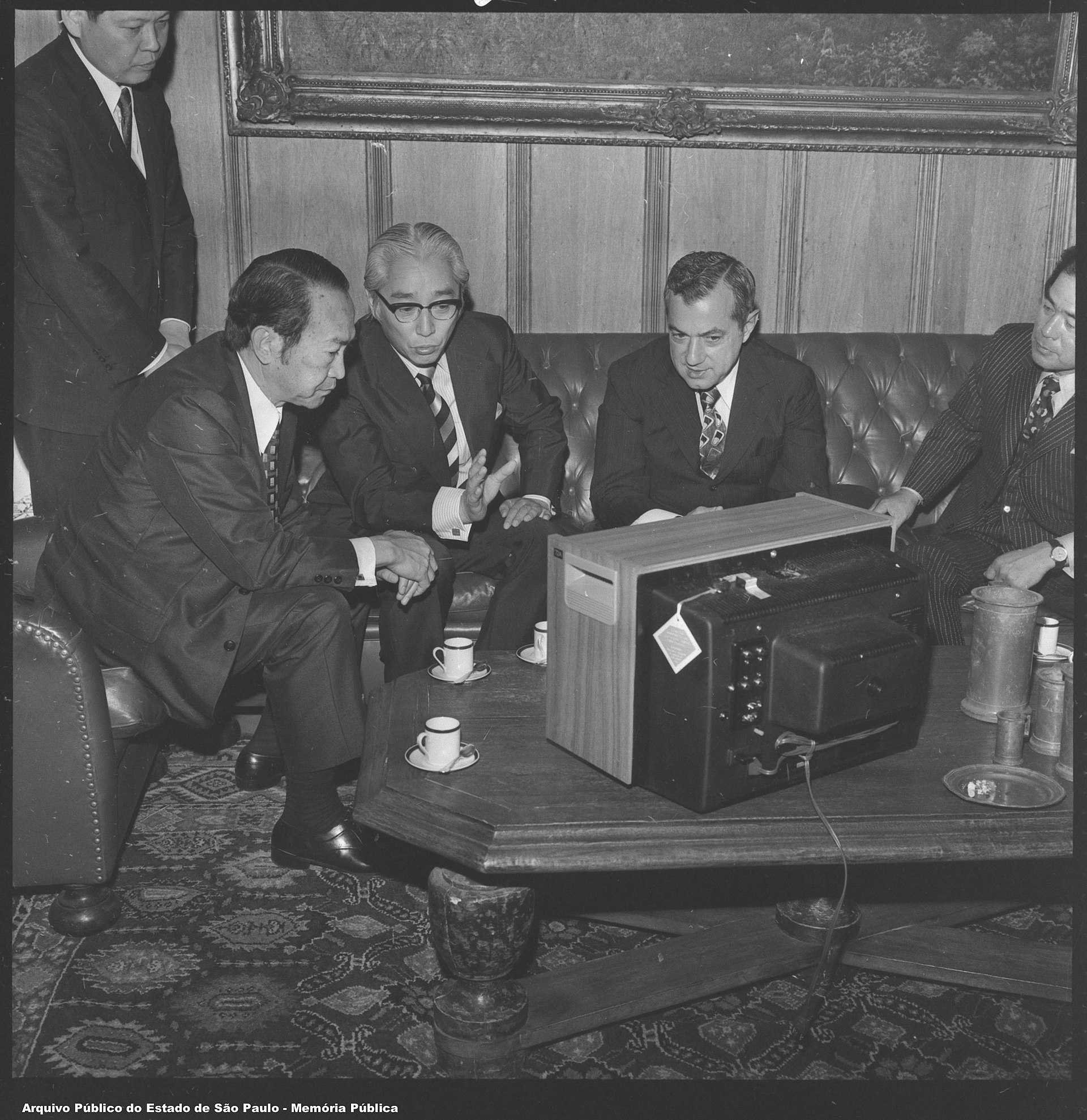 Sony co-founder Akio Morita presenting an electronic product in 1972