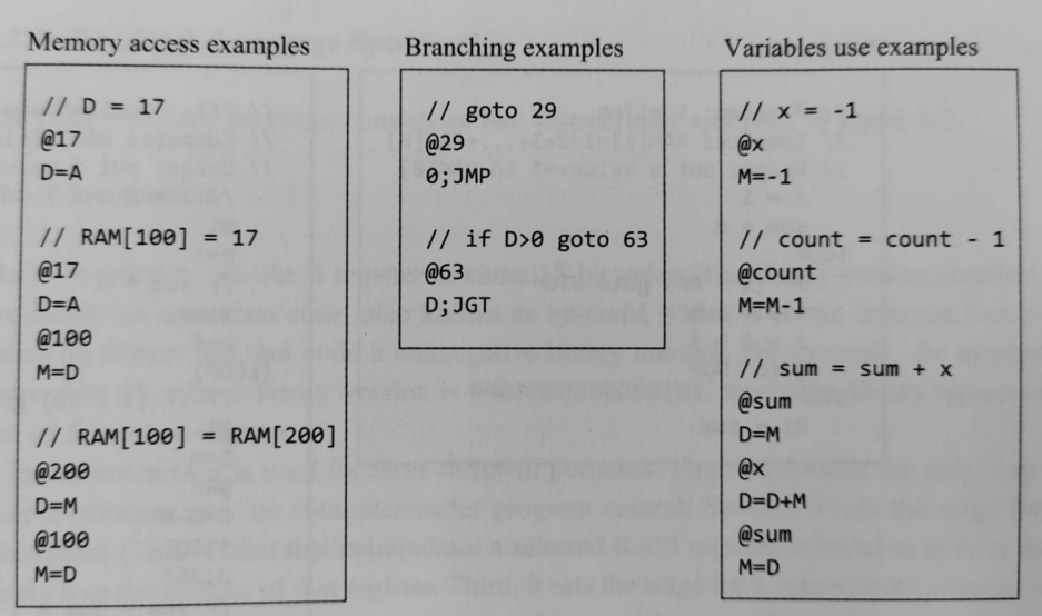 Hack assembly examples for memory access, branching, and variables